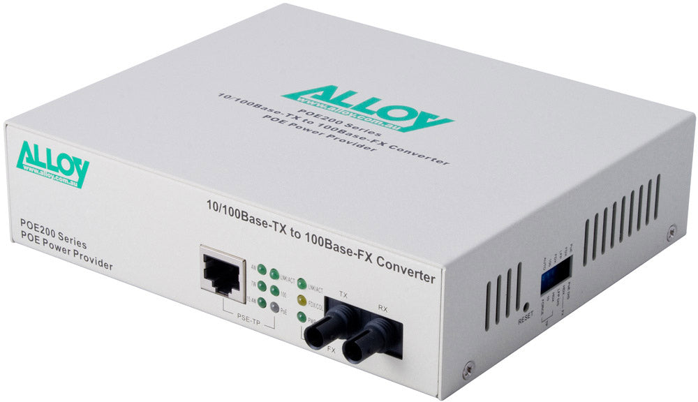 Alloy POE200ST 10/100Base-TX to 100Base-FX Multimode Fibre (ST) Converter, provides PoE power (RJ-45). 2km Alloy POE200ST 10/100Base-TX to 100Base-FX Multimode Fibre (ST) Converter, provides PoE power (RJ-45). 2km